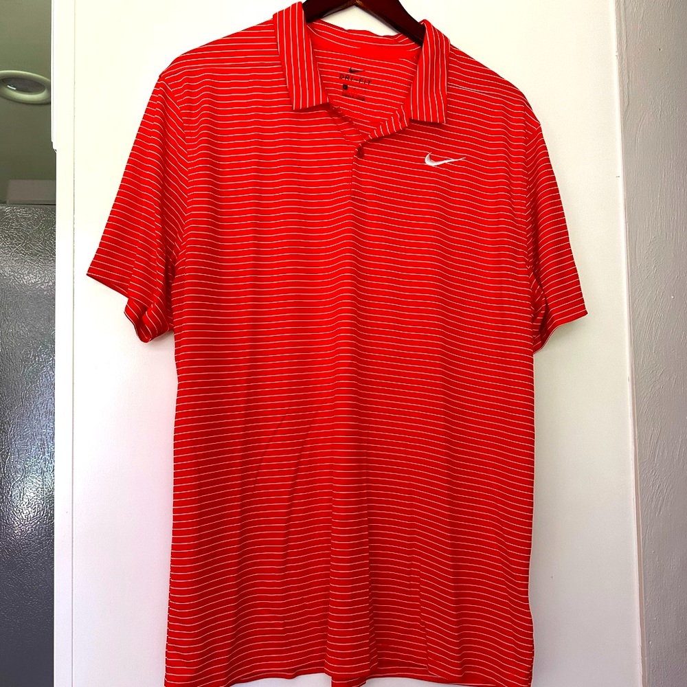 Nike Men’s Orange and White Striped Golf Dri-Fit Polo